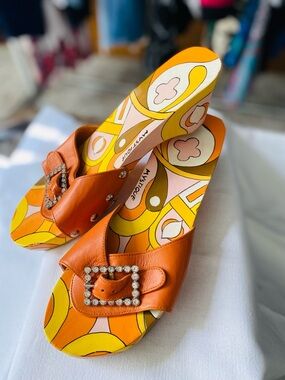 Mystique Boutique Orange Leather Slide Mules with Jeweled Buckle